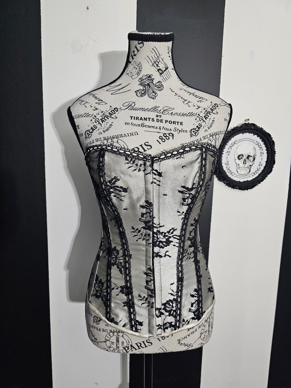 Elegant Black Lace-Overlay Silver Corset Camisole